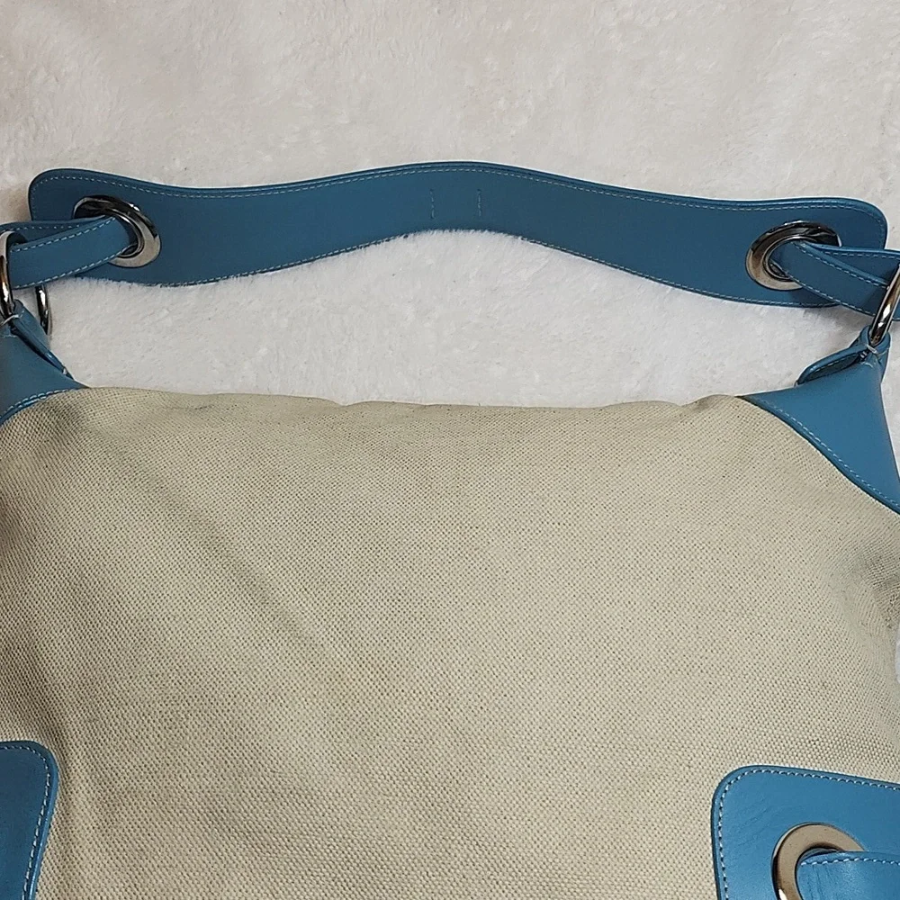 Bally Blue and Cream Canvas/ Leather Hobo Shoulder Bag